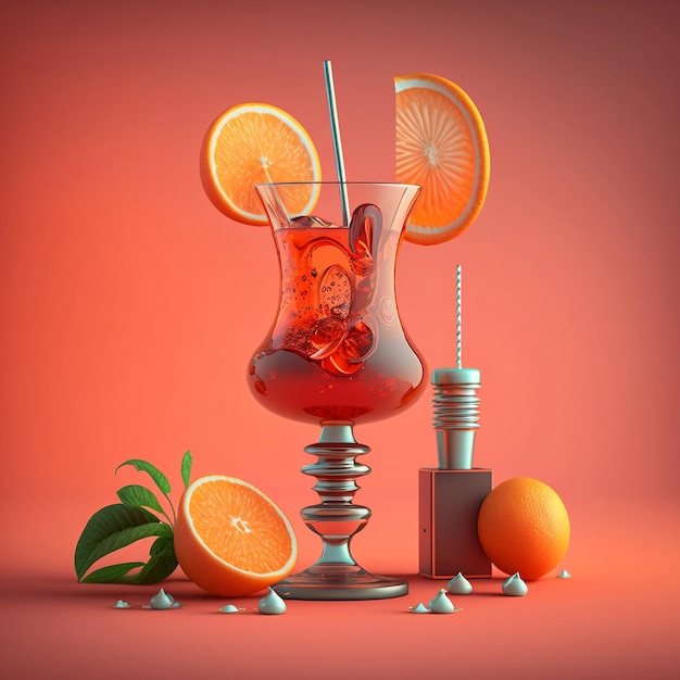 A glass with a red liquid and a straw with a picture of an orange on it.