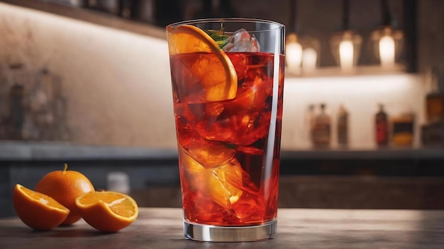 A glass with a red and orange color