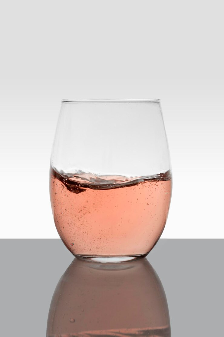 Glass with rose wine in motion and white color background