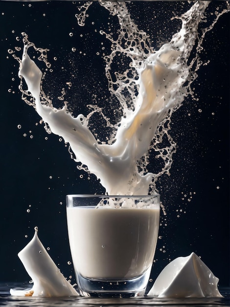 a glass with splash milk on the table