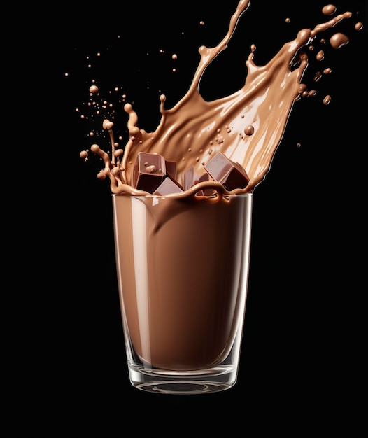 Glass with splashing cocoa Chocolate Pouring and splash 3d illustration