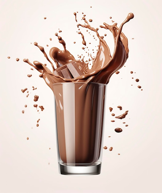Glass with splashing cocoa Chocolate Pouring and splash 3d illustration