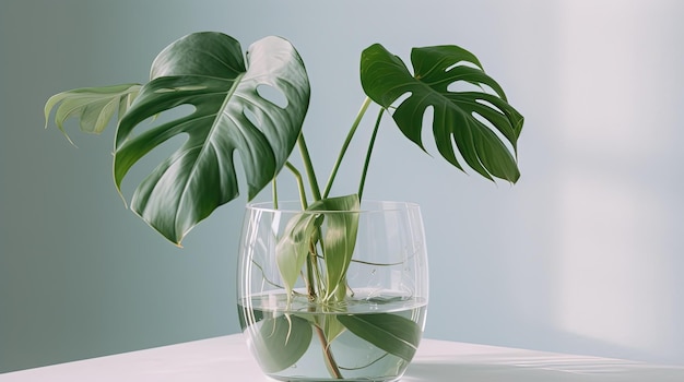 Foto un bicchiere con acqua e una pianta monstera dentro.