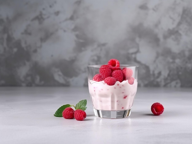 Glass with yogurt decorated with raspberry gray gradient background generative ai