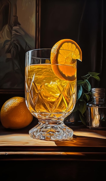 A glass of yellow drink with ice cubes and orange slice on top Beverage in the ray of light on wooden surface Generative AI