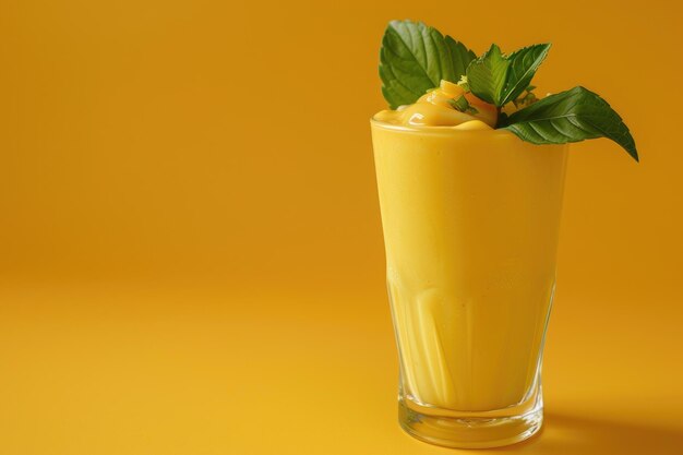 Photo glass of yellow liquid with green leaf