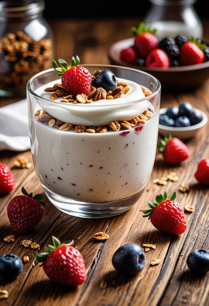 a glass of yogurt with berries and a bowl of yogurt