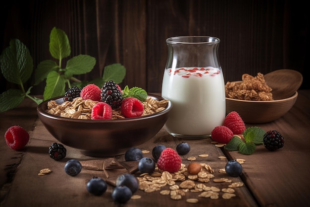 Стакан йогурта с ягодами и мюсли на деревянном столе