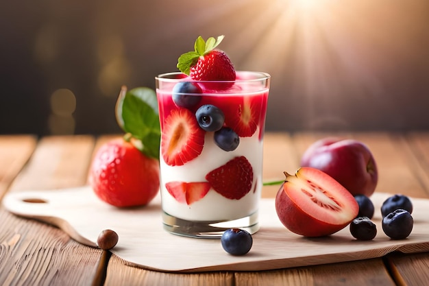 A glass of yogurt with berries on it