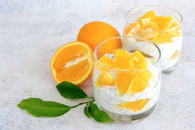 Стакан йогурта с дольками апельсина на нем крупным планом