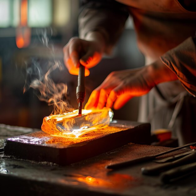 Photo glassblower shaping molten glass on a marver in a workshop