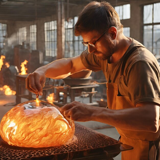 Glassblowers shaping molten glass their breath giving form to fragile beauty