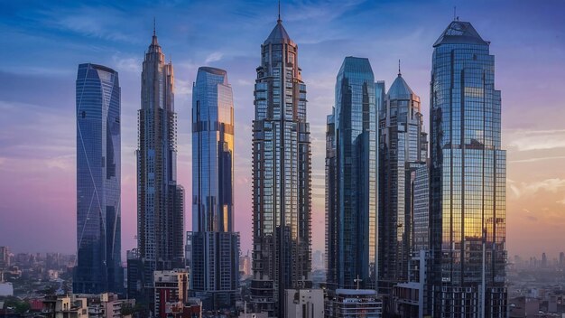 Glassclad skyscrapers of central mumbai reflecting the sunset hues at the blue hour