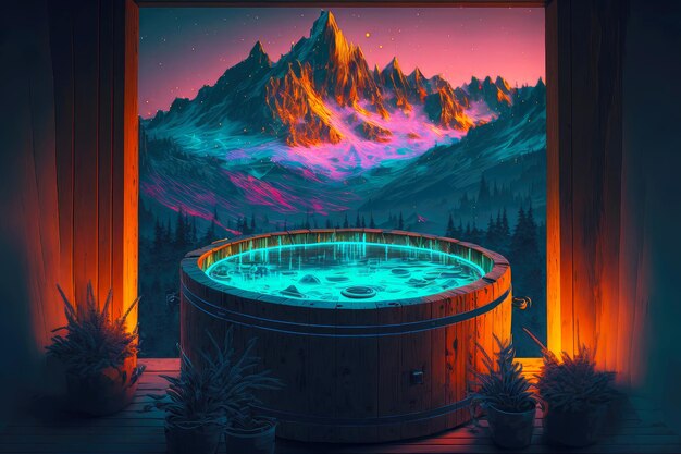 Glassed wooden hot tub in neon light of lamps on background of mountains