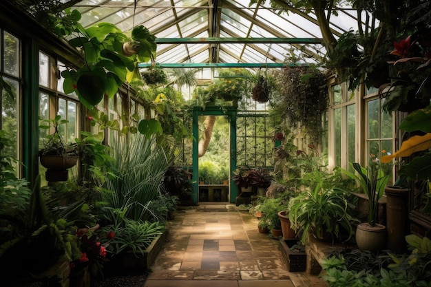 A glassedin greenhouse filled with exotic tropical plants