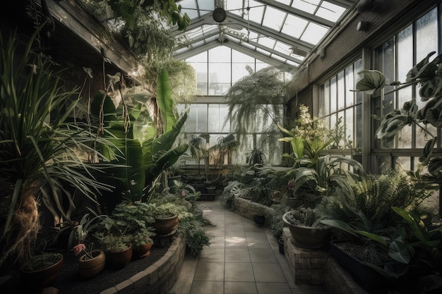 A glassedin greenhouse filled with exotic tropical plants