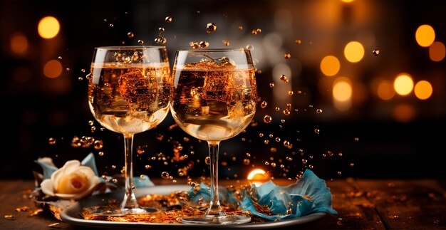Glassen champagne of mousserende wijn in een feestelijke sfeer Vrolijk Kerstfeest en Gelukkig Nieuwjaar AI gegenereerd beeld