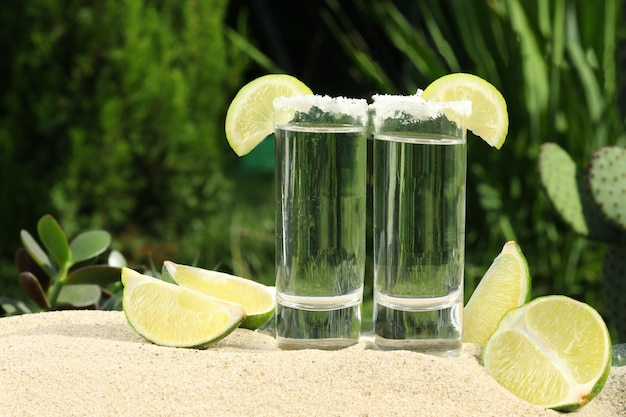 glasses of alcohol drink with lime and salt