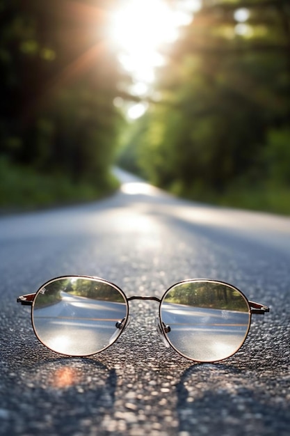 Glasses on the asphalt road in the forest with sun rays