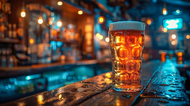 Glasses of beer on the bar counter in a pub or restaurant