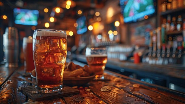 Glasses of beer and snacks on the table in a pub