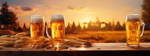 стаканы пива с колосьями пшеницы на столе на фоне размытой деревни