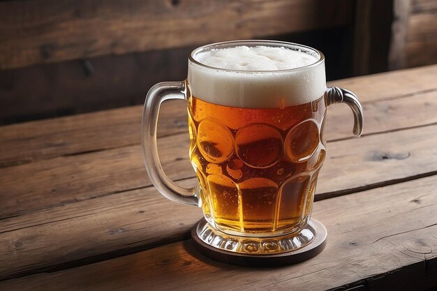 A glasses of beer on a wood table