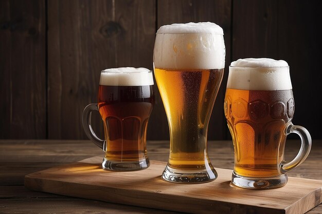 A glasses of beer on a wood table