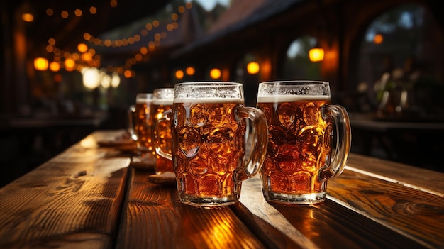 glasses of beer on a wooden table