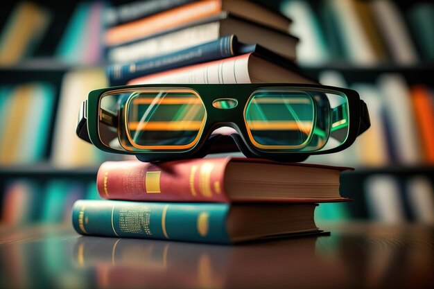 Glasses on a book blurred library background Educational educational literature knowledge textbook