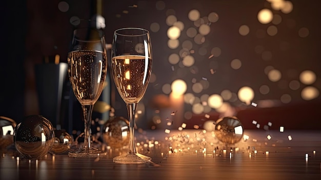 Glasses of champagne against bokeh lights background New Year celebration Generative AI
