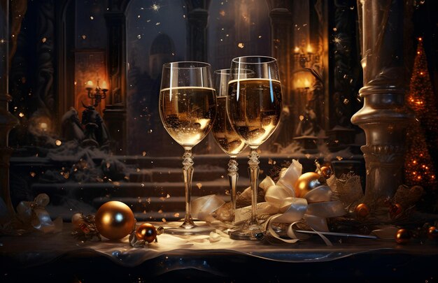 Foto bicchieri champagne champagne applausi festivi oro frizzante bokeh spumante dorato natale