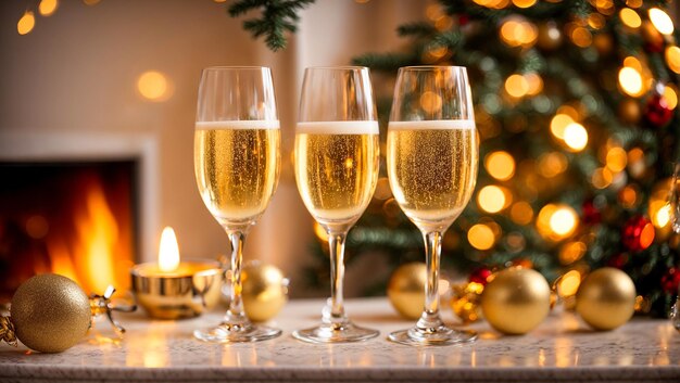 Glasses of champagne decorated Christmas tree fireplace
