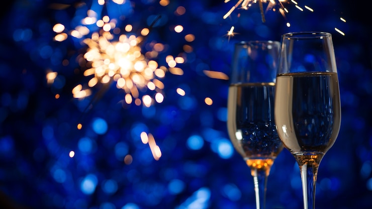Photo glasses of champagne on a festive blue decoration with fireworks