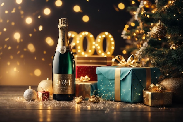 Glasses of champagne and gifts on bright background