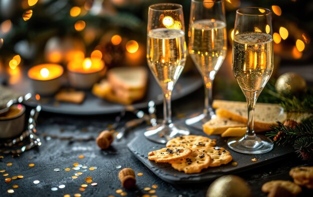 Photo glasses of champagne and party snacks against a festive background