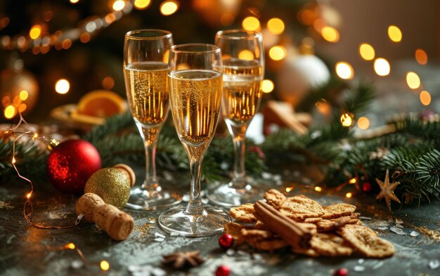 Glasses of champagne and party snacks against a festive background