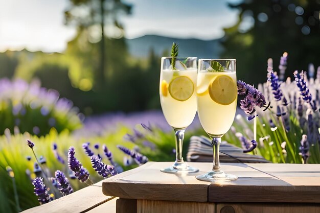 Glasses of champagne on a table with purple flowers in the background