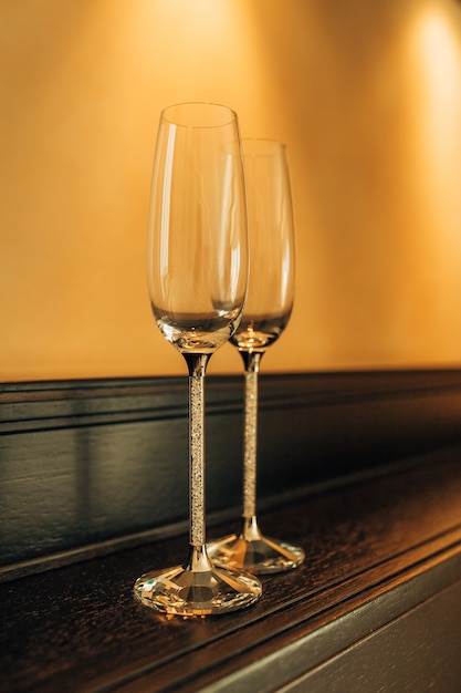 Glasses for champagne and wine in the restaurant