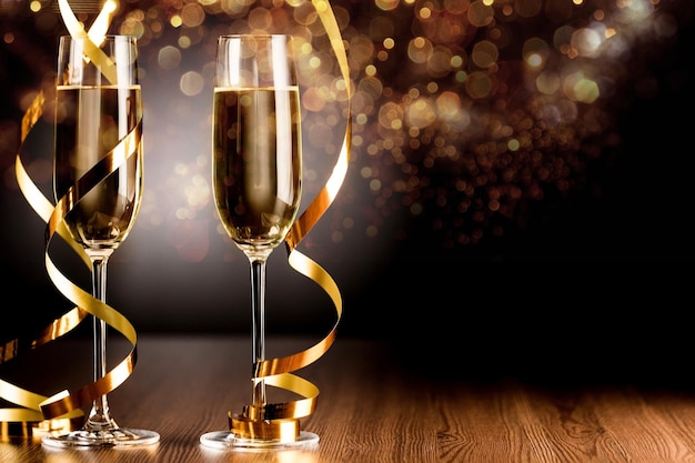 Glasses of champagne with curly ribbon  on wooden table