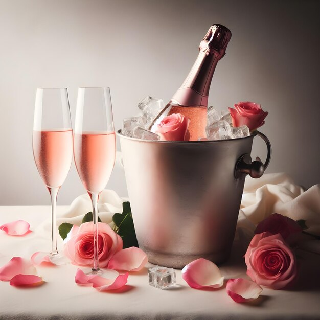 Glasses of champagne with sweet candies and flowers on dark background