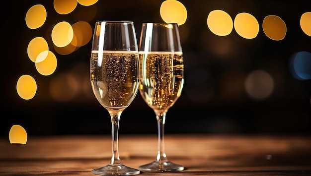 Glasses of champagne on wooden table against bokeh lights background