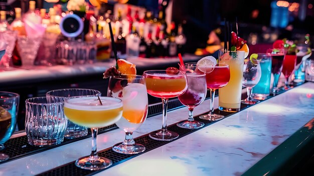 Glasses of cocktails on bar background