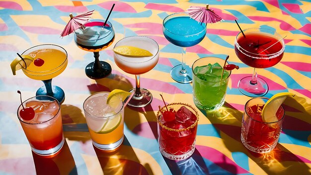 Glasses of cocktails on bright background