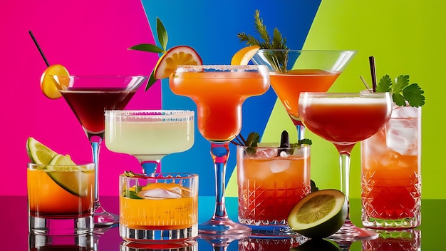 Photo glasses of cocktails on bright background