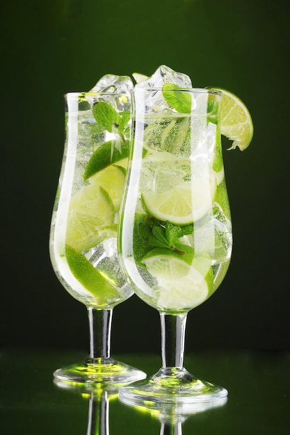 Glasses of cocktails with lime and mint on green background
