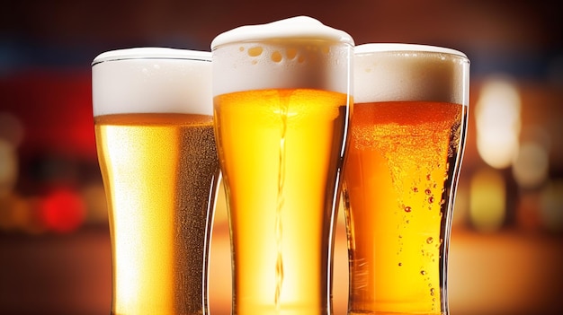 Glasses of cold beer with foam pint of original premium beer drink alcohol flavour and holiday celebration idea