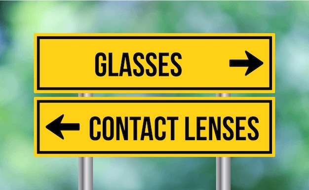 Glasses or contact lenses road sign on blur background