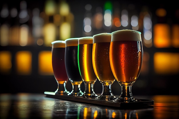 Стаканы различных алкогольных коктейлей на барной стойке в ночном клубе