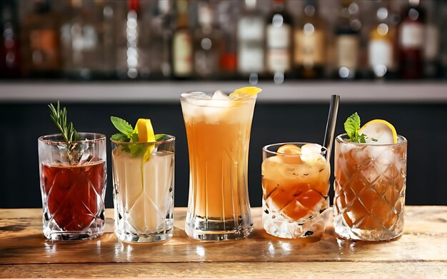 Glasses of different cocktails on bar background